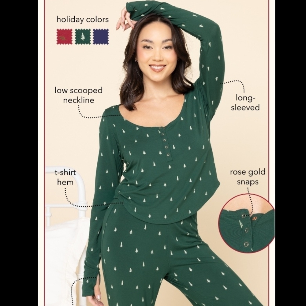 POPFLEX Deep Sleep Bell Bottom & Henley Set - Holiday Pine